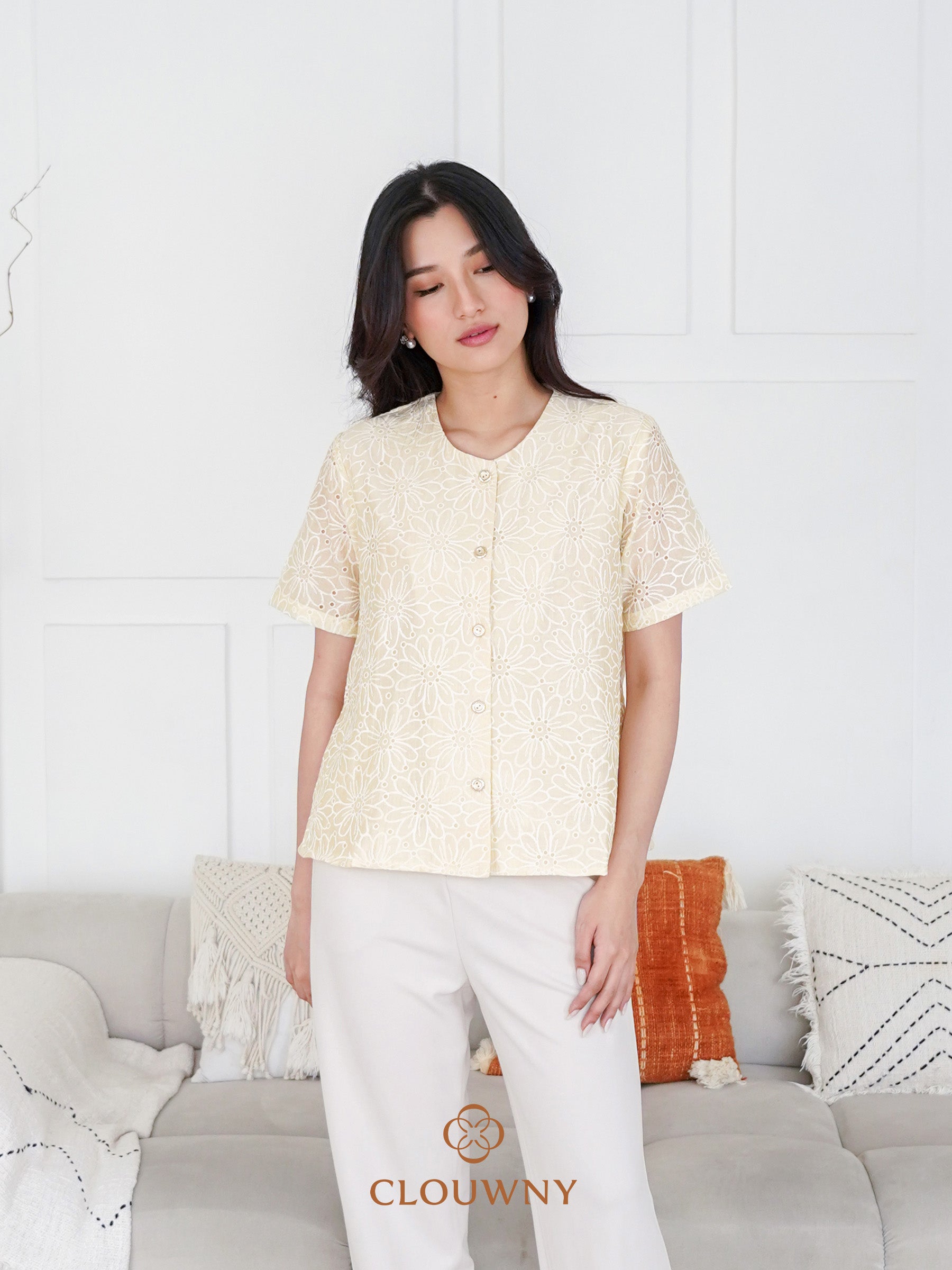 Forest Button Embroidery Blouse - Yellow